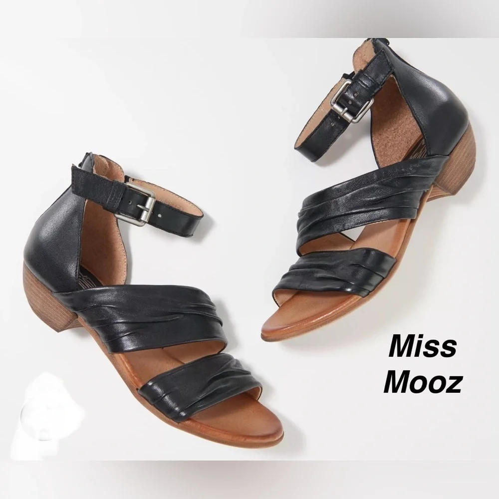 Miz Mooz Cassie Black Bovine Leather Wide Width  Ruche Strap Heeled Sandals EU38 - Picture 3 of 11
